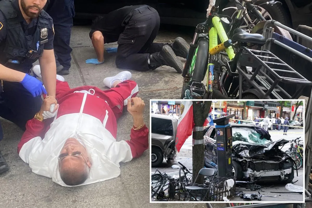 Police at the scene of a deadly Upper Manhattan sidewalk crash with a damaged black Mercedes
