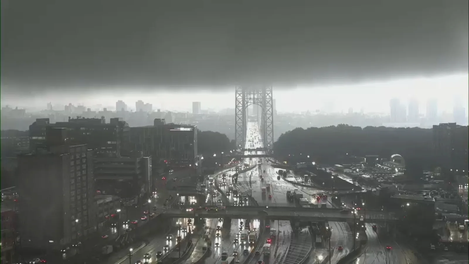 Storm damage with fallen trees and crushed vehicles on a New York City street after severe weather