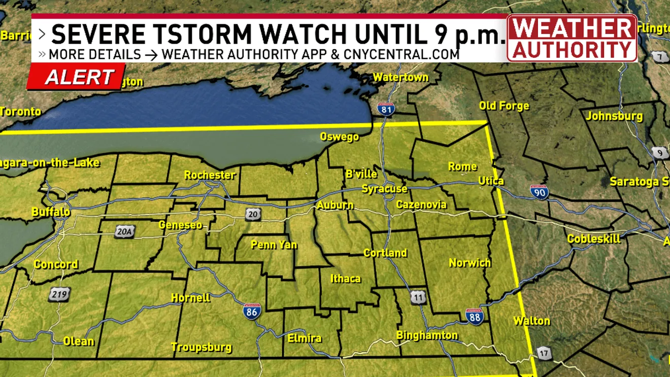 Dark storm clouds building over Central New York during severe weather alerts