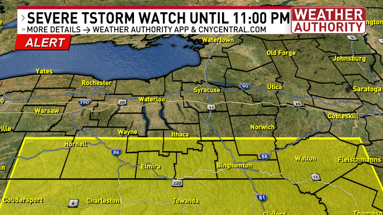 Severe weather alert map showing Central New York under a thunderstorm watch