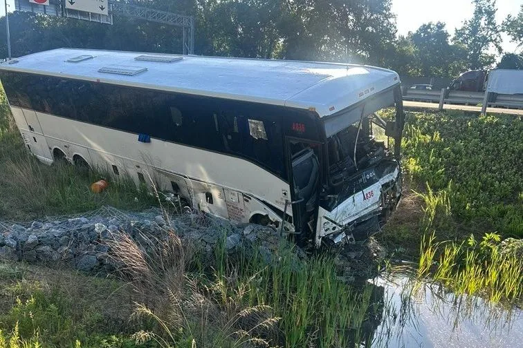 Emergency crews respond after a bus crash on Interstate 95 in Stafford County, Virginia