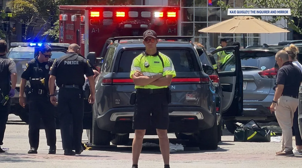 Police and fire responders at a Nantucket crash scene involving a pedestrian