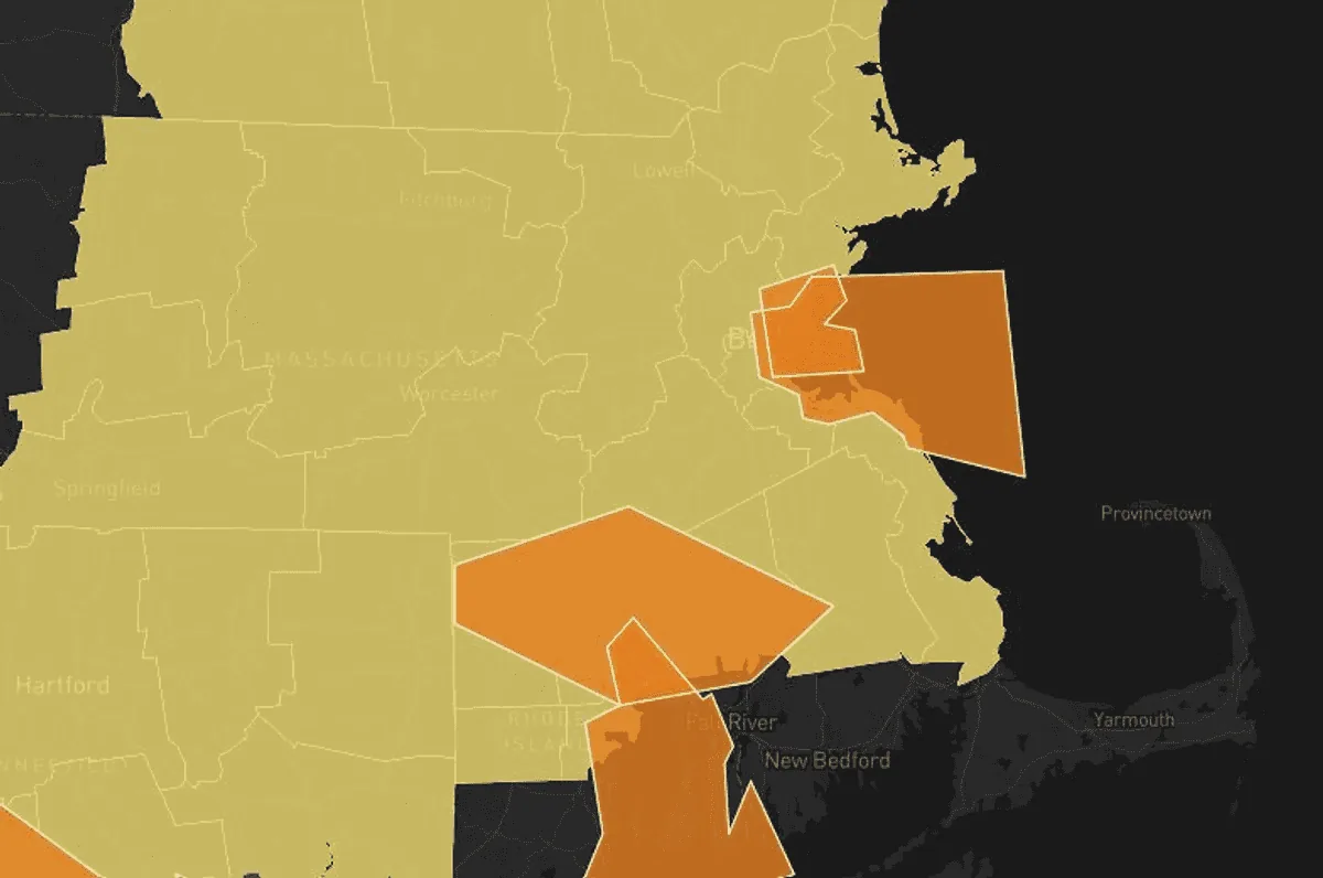 Weather tracker map showing active alerts and radar across New England