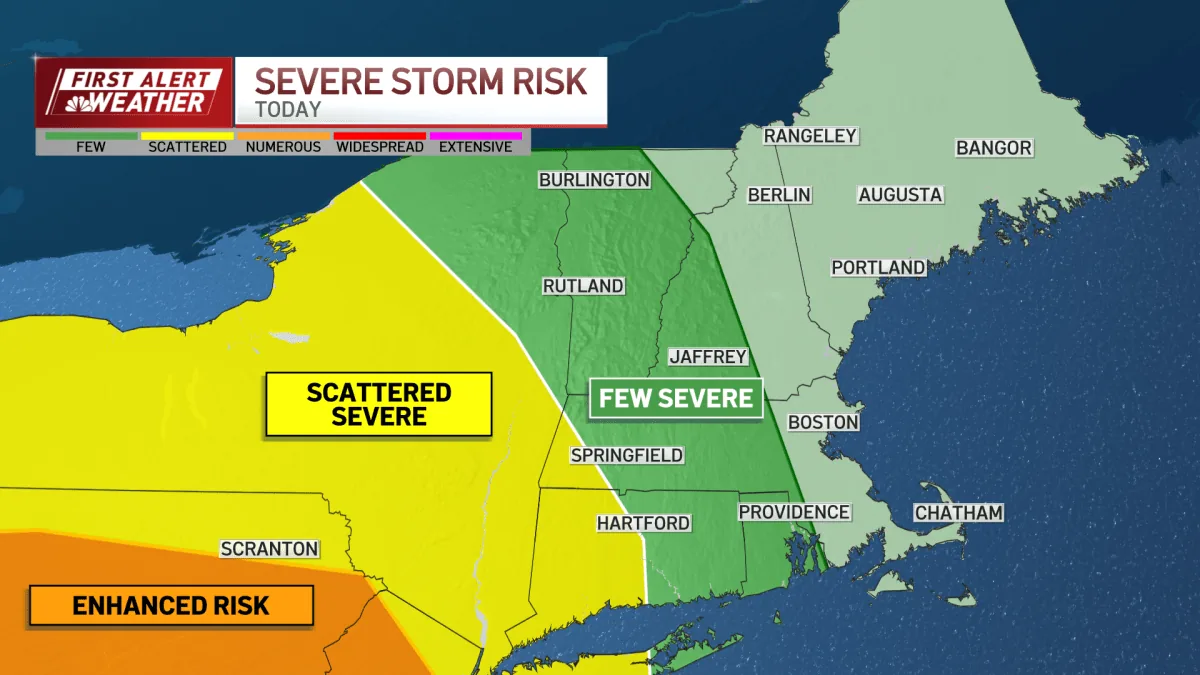 Dark storm clouds over New England with rain falling during severe weather