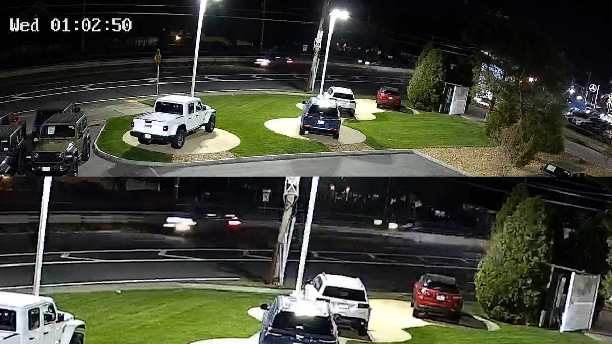 Surveillance video from a Route 1 dealership showing a wrong-way Jeep before a fatal crash