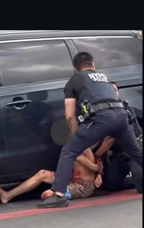 Police investigate a stolen Kia stop on East Fordham Road in the Bronx after an officer was struck