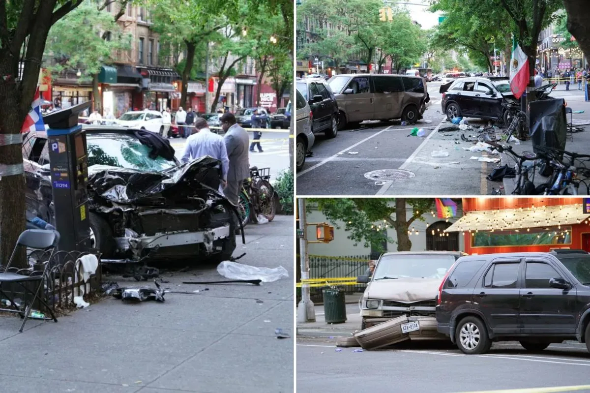 Police investigate a crash scene in Upper Manhattan after a car struck pedestrians and parked vehicles