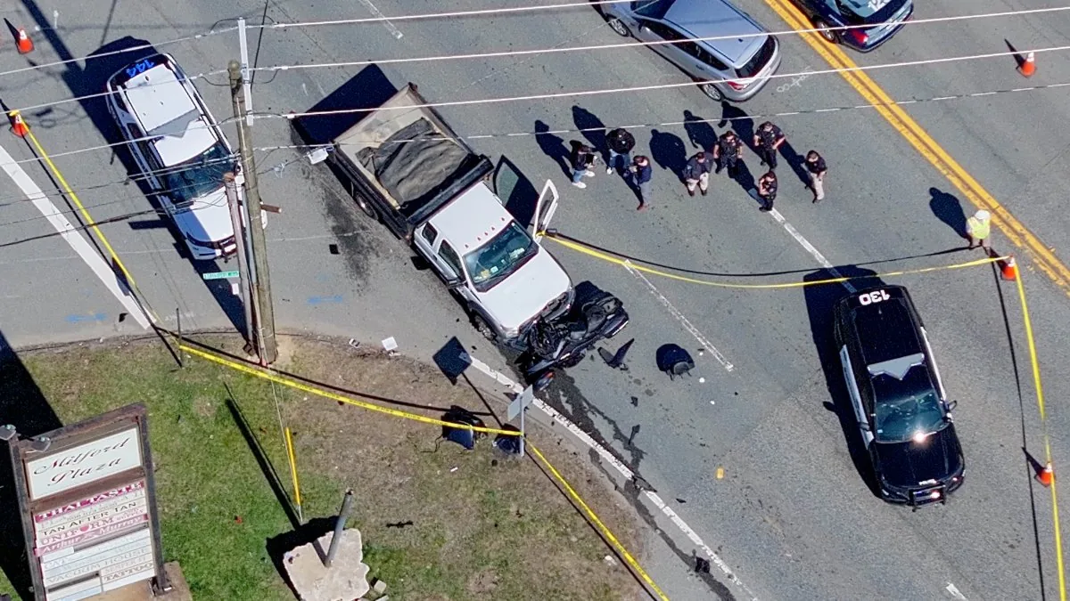 A dump truck at the scene of a crash in Swansea, Massachusetts